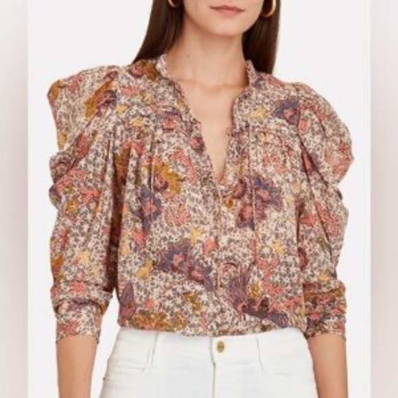 Ulla Johnson Tops - Ulla Johnson Remy Puff Sleeve Floral Blouse Womens 8 Cotton Blend Ivory Boho